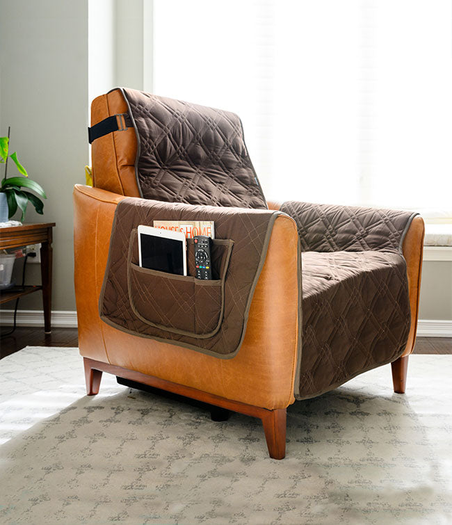 Housse De Fauteuil Relax 1 Place Extensible - Jacquard Peluche Beige - 4 Pièces Avec Poches - Protection Meubles